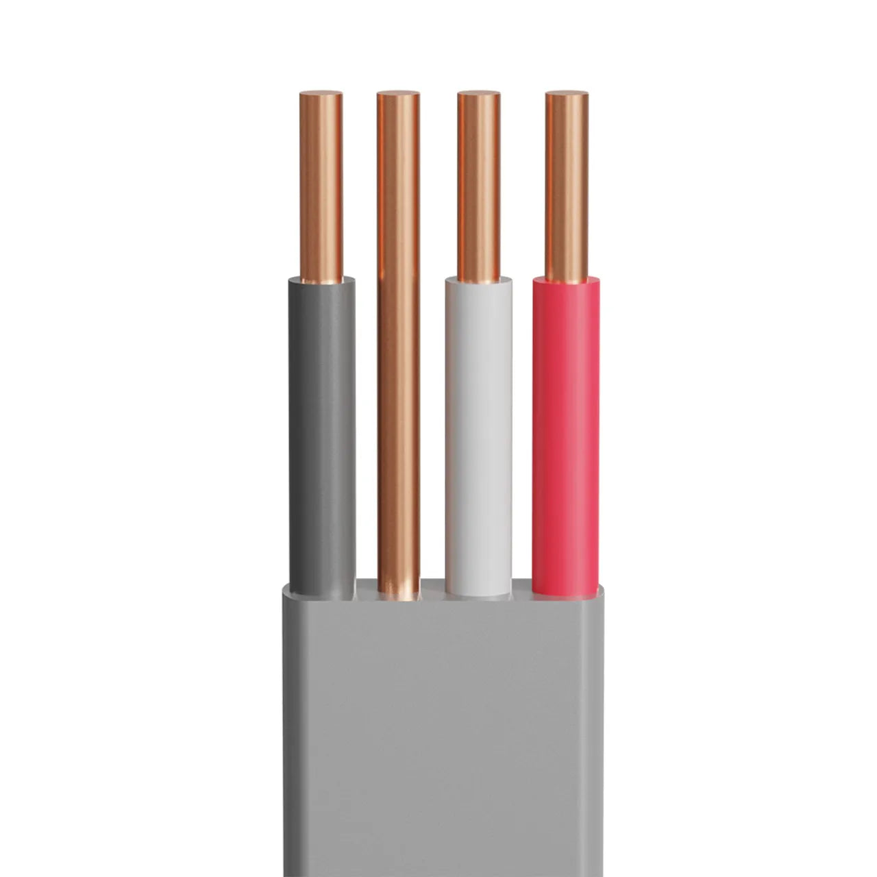 Close-up of Go Builds 12/3 50 ft. Copper Electrical Outdoor Cable UF-B in gray, showing four exposed copper wires with black, white, red, and gray insulation against a white background.